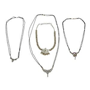 Dainty Silver & Gold Tone Black Seed Beaded Mangalsutra Rhinestone Necklaces